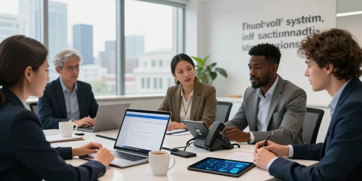 Team discussing a VoIP phone system UK solution in a modern office setting.