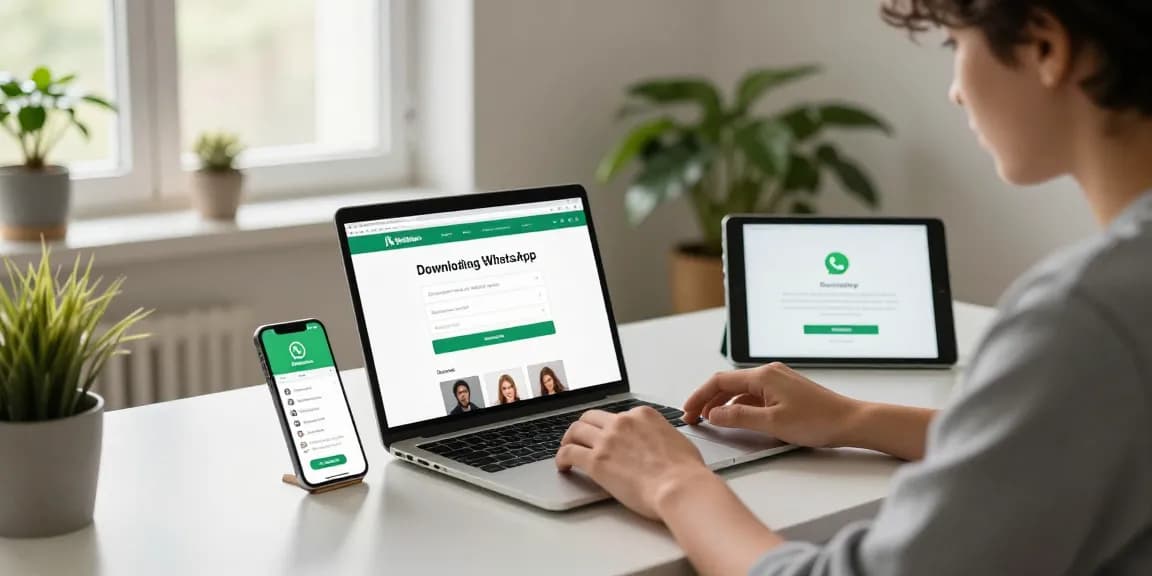 WhatsApp下載 process depicted with a workspace scene showing devices and a focused user in a cozy setting.
