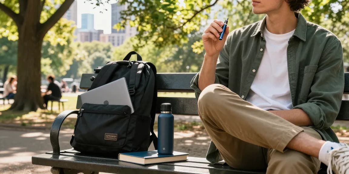 Young adult enjoying nature with a thc pen in an urban park setting.
