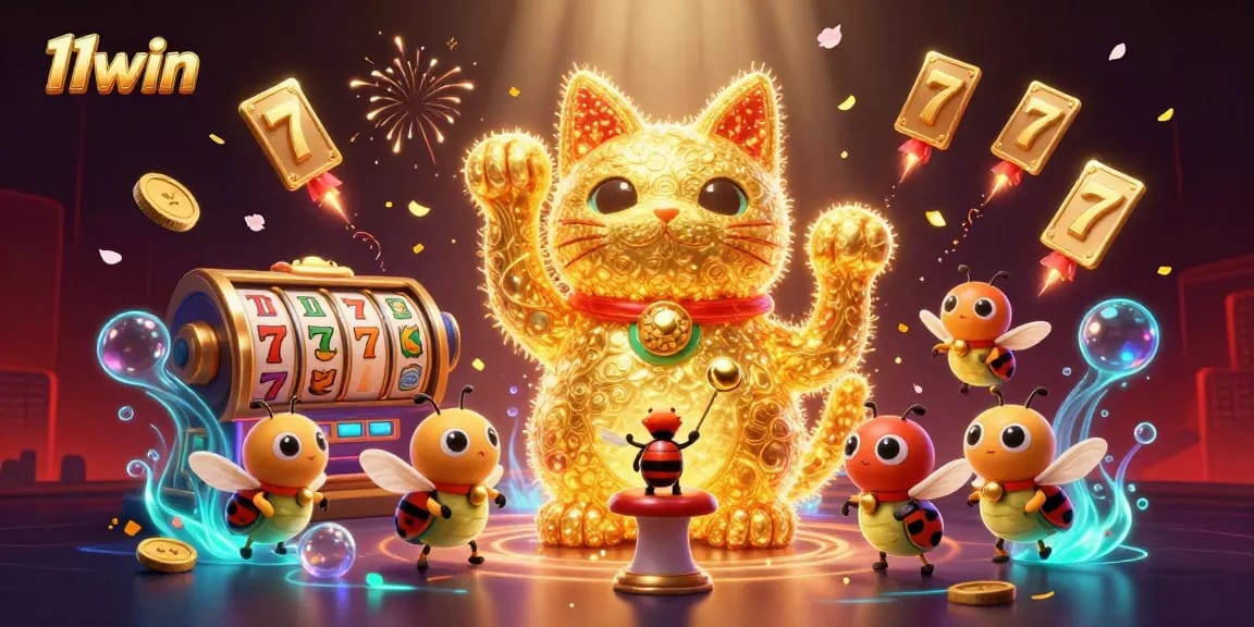 Engaging scene of 11win's golden lucky cat and casino symbols celebrating gaming success.