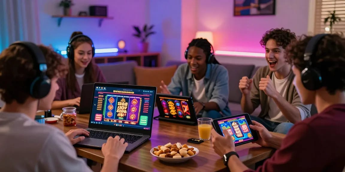 Players enjoying australian online casinos in a lively home setting with gaming devices and colorful decor.