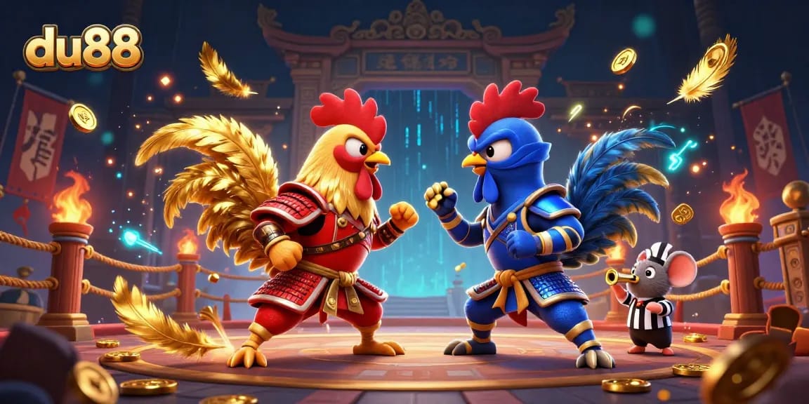 du88 brings excitement with vibrant roosters battling in a dramatic illustration of a casino arena.