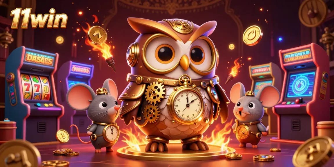 Play at 11win with vibrant casino slots and retro gaming elements creatively illustrated.