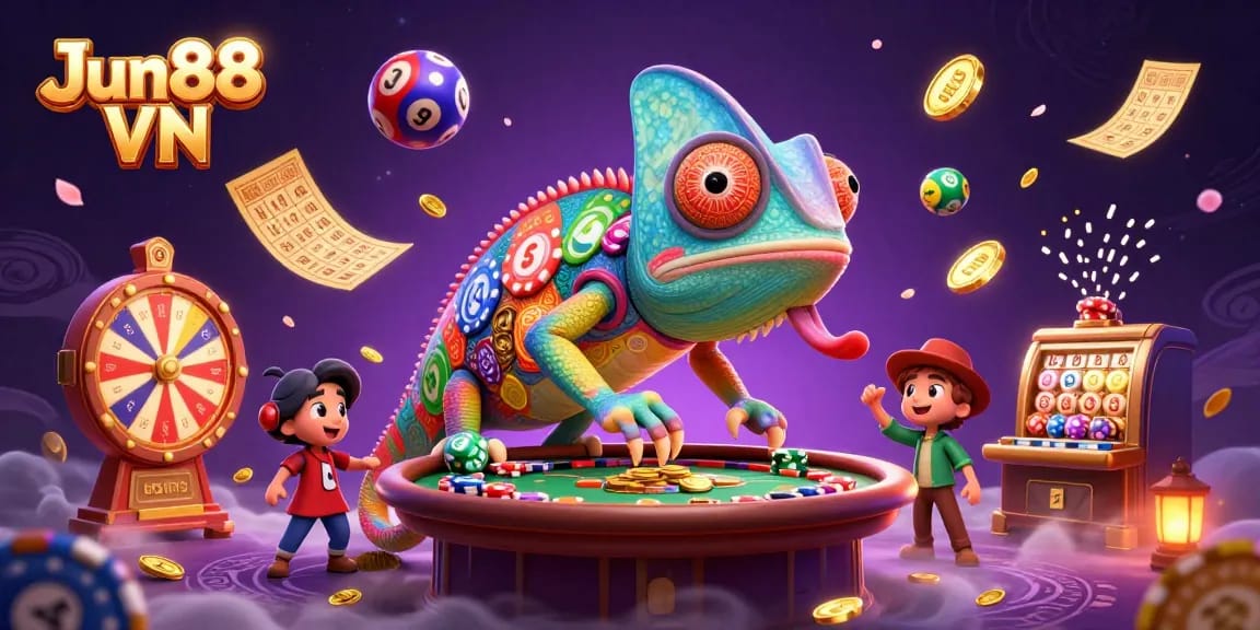 Engage in exciting games at Jun88 VN with the dynamic chameleon owner amidst golden coins and colorful lottery elements.