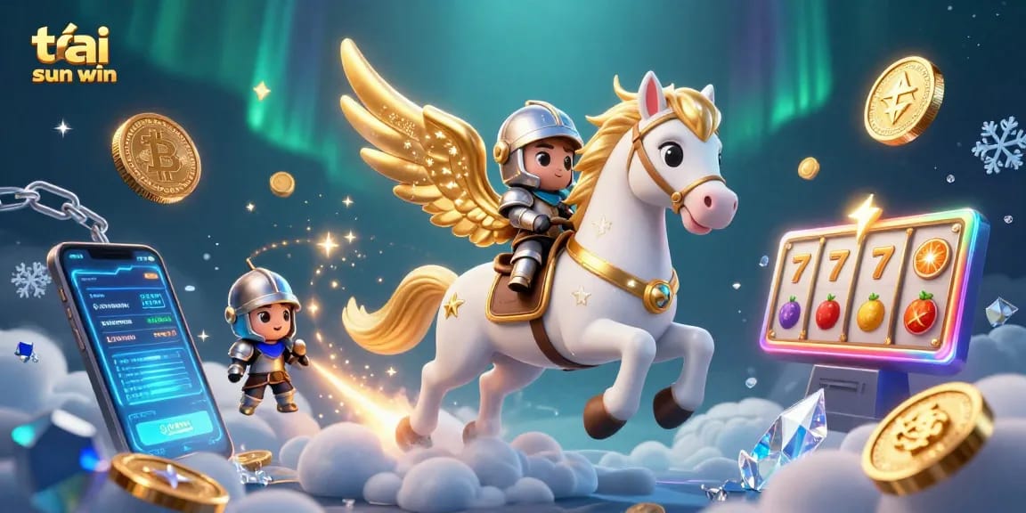 Engage with tải sun win through an enchanting 3D casino scene featuring golden winged horse and glowing cryptocurrencies.