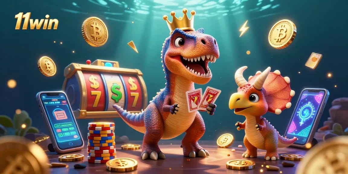 Experience winning strategies with 11win as a T-Rex shuffles cards among colorful slot reels and crypto coins.