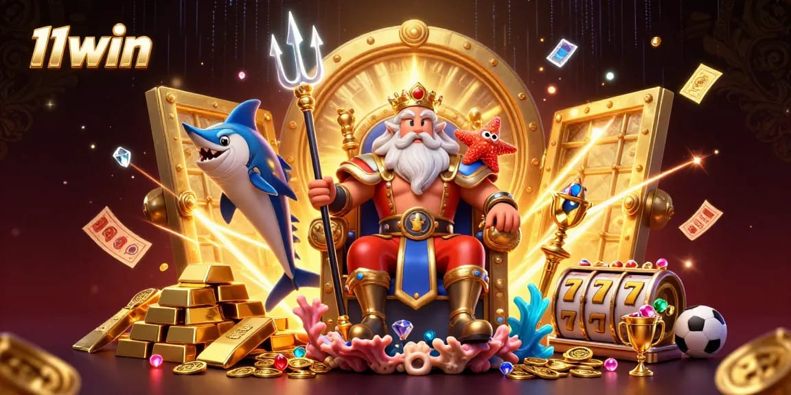 Experience 11win with a vibrant 3D illustration showcasing Neptune and treasures from the casino world.
