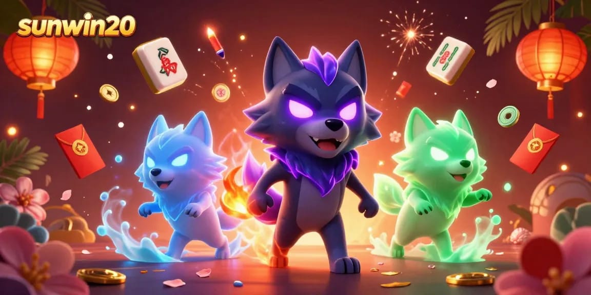 Engage with sunwin20 in this vibrant 3D casino scene featuring mystical wolves and festive gaming elements.