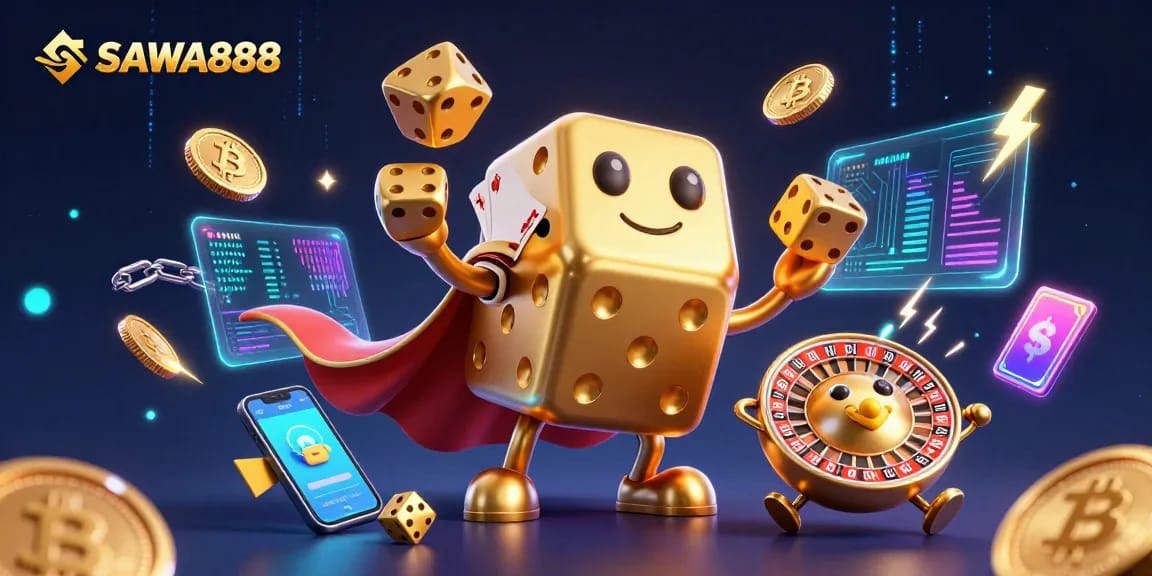 Experience thrilling gaming action with SAWA888 featuring a lively golden dice golem and crypto elements.