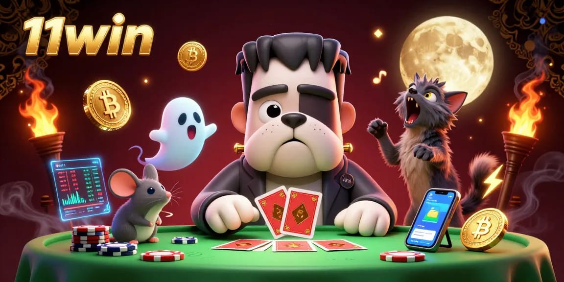11win showcases a thrilling card game scene with Frankenstein bulldog in a spooky setting.