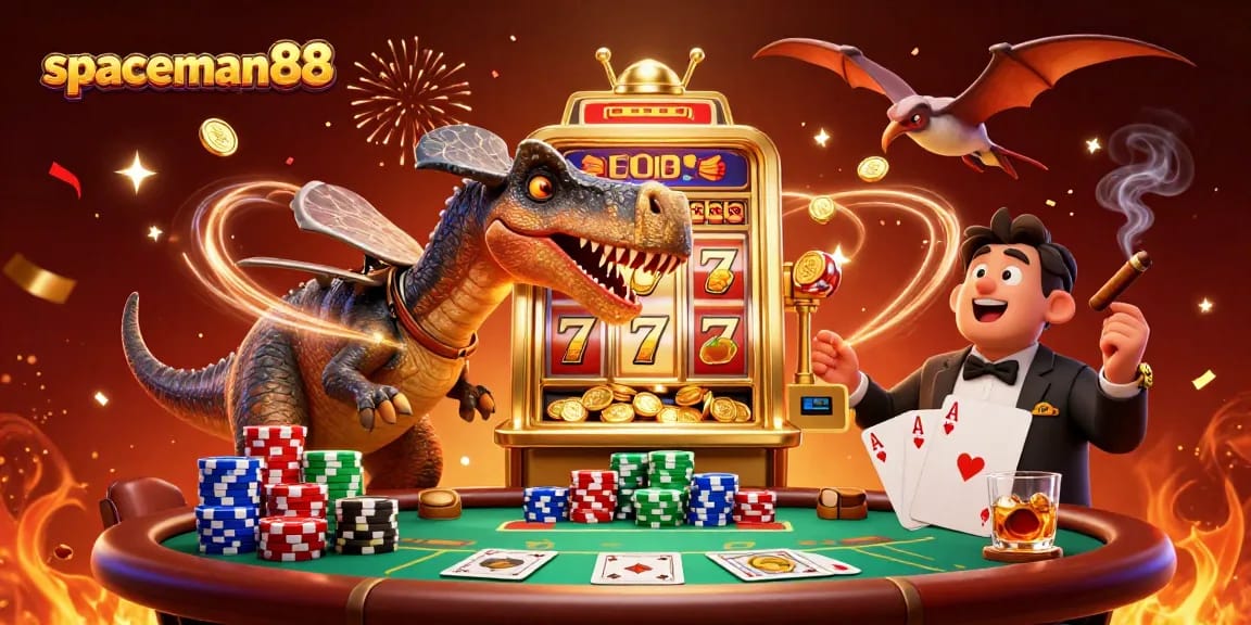 Experience big wins with spaceman88 in this vibrant casino scene of cartoon dinosaurs and jackpot excitement.