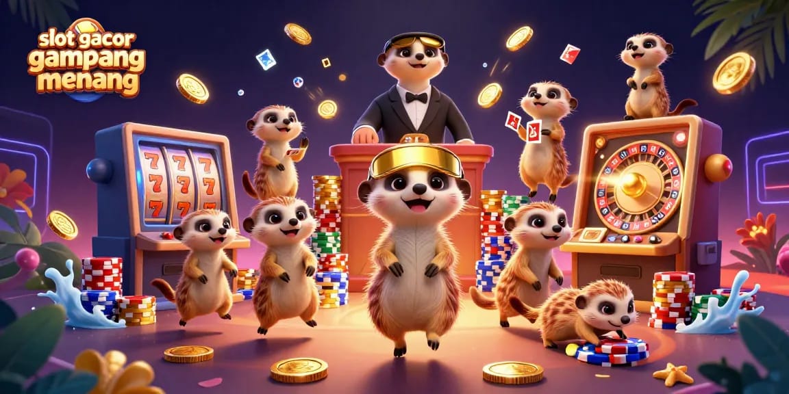 Engage with slot gacor gampang menang as meerkats spin vibrant slots and stack colorful chips in a lively casino scene.