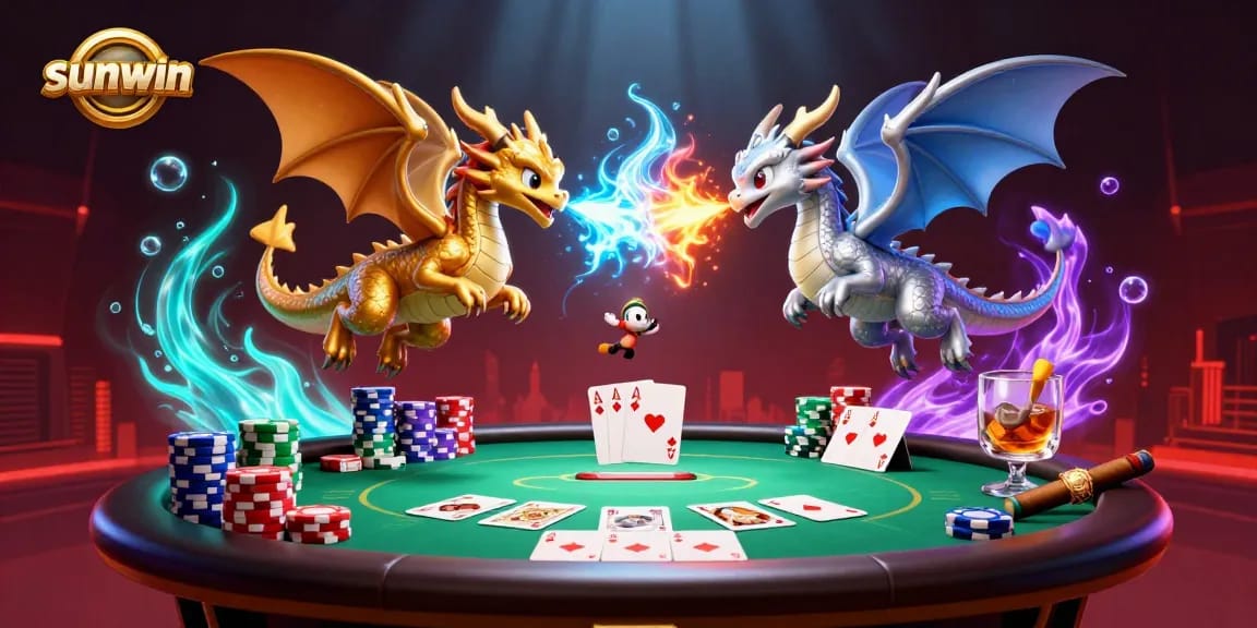 Experience thrilling gameplay with sunwin as cartoon dragons battle amidst poker excitement.