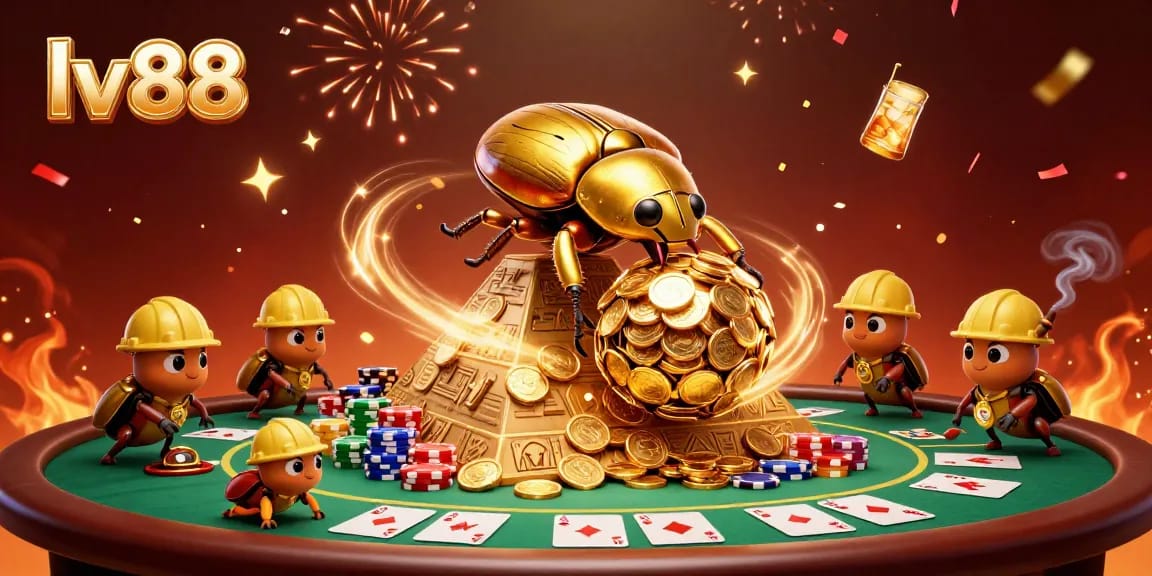 Engage with lv88's vibrant casino atmosphere featuring a golden beetle rolling coins amidst poker chips and cards.