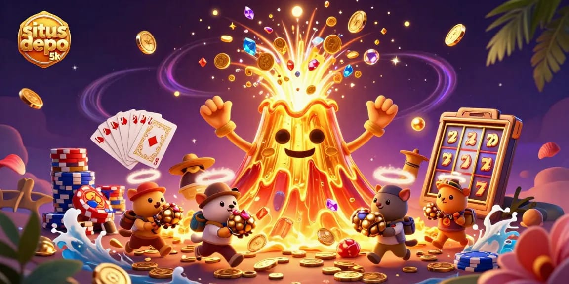 Experience the excitement of situs depo 5k with vibrant illustrations of treasures and gambling elements.
