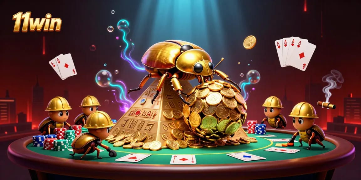 Engage in thrilling casino action with 11win's dynamic beetle scene, featuring poker elements.