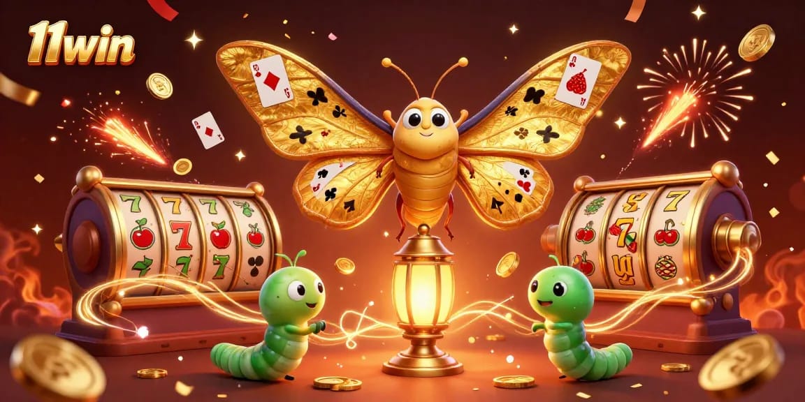 Immerse in the magical world of 11win, where golden-winged moths and slot reels create an enchanting casino scene.