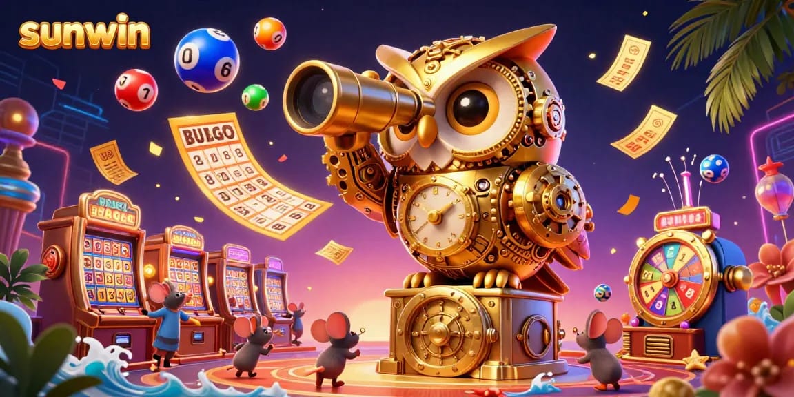 Experience thrills at sunwin with a vibrant casino scene featuring dynamic lottery elements and an enchanting owl.