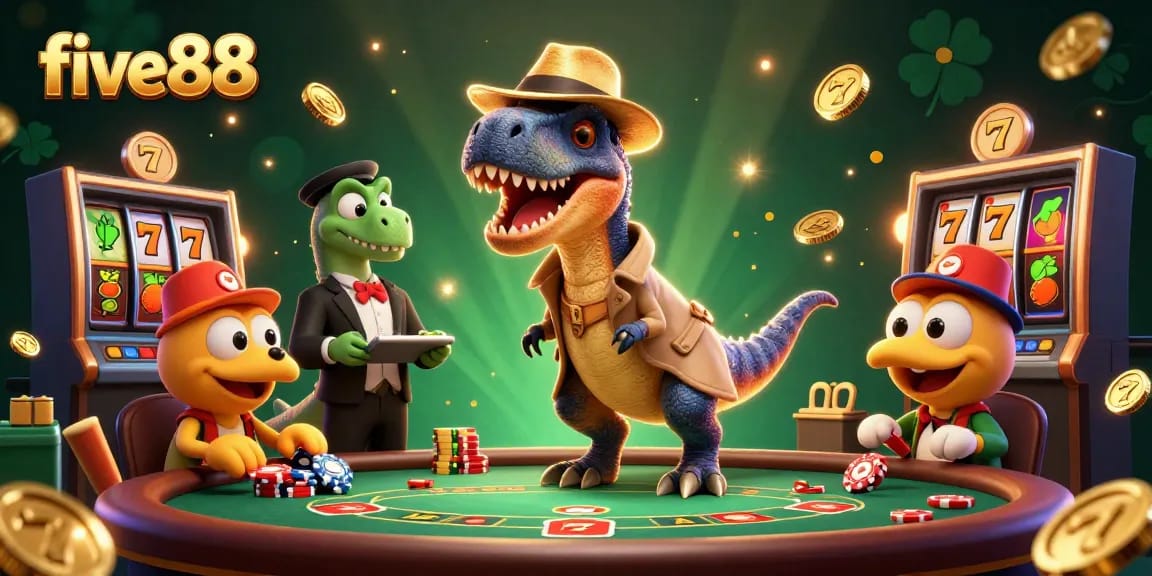 five88 showcases a velociraptor card counter at a busy blackjack table with casino elements