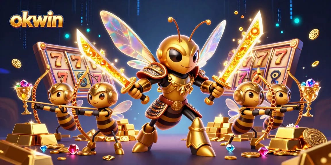Experience the thrill of okwin in a dynamic casino scene with giant hornets and gold treasures.