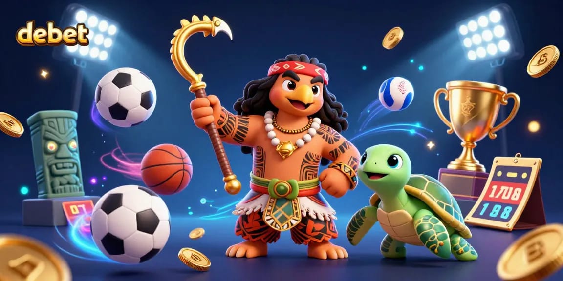 Bet with debet while enjoying a dynamic scene featuring a Polynesian demigod and sports elements.
