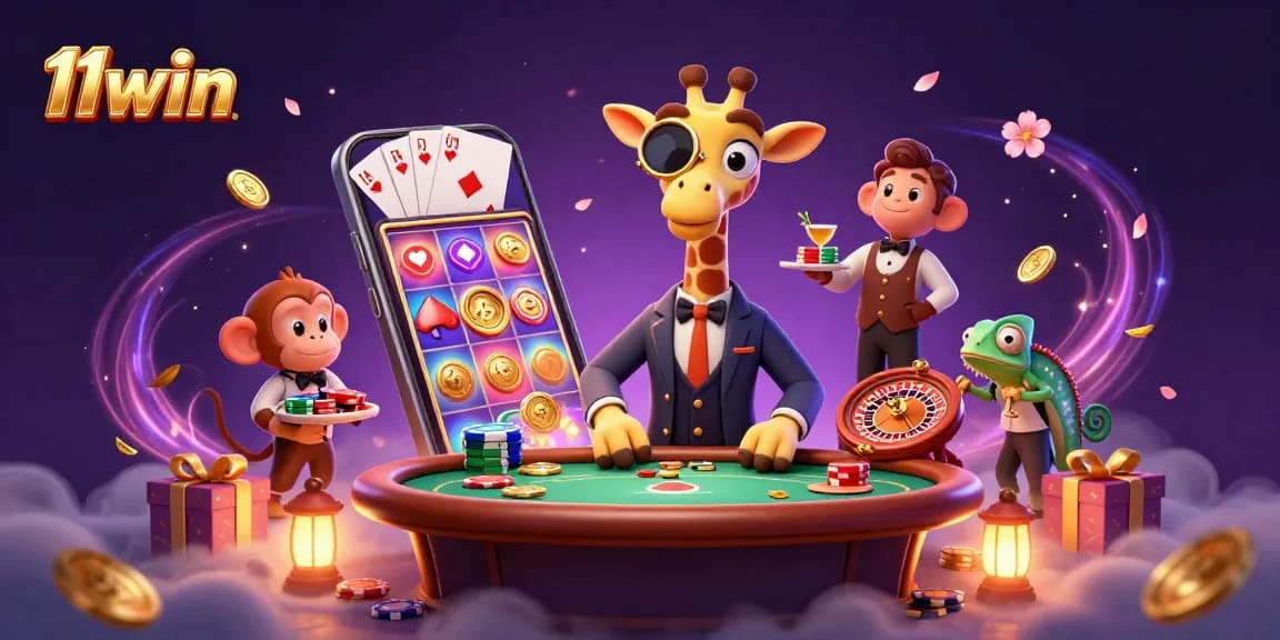 Engage with 11win, featuring a giraffe at a poker table, money, and dynamic casino elements.
