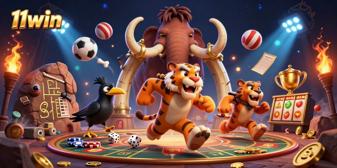 Experience the excitement of 11win with prehistoric casino games in a vibrant 3D illustration.