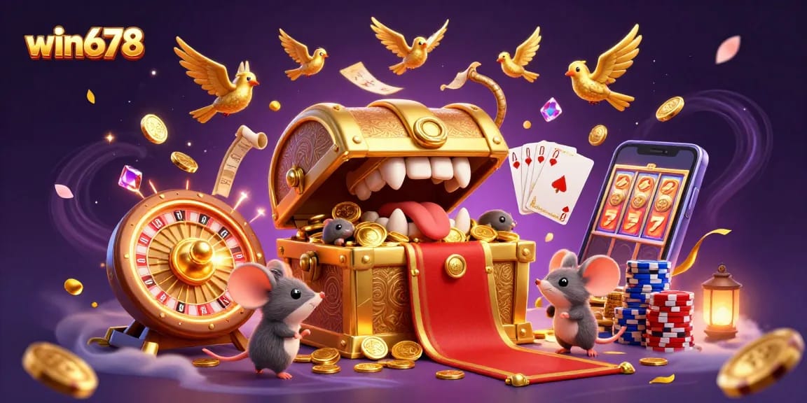 Engage in exciting gameplay at win678 with a dynamic casino scene featuring treasure chests, coins, and jackpot rewards.