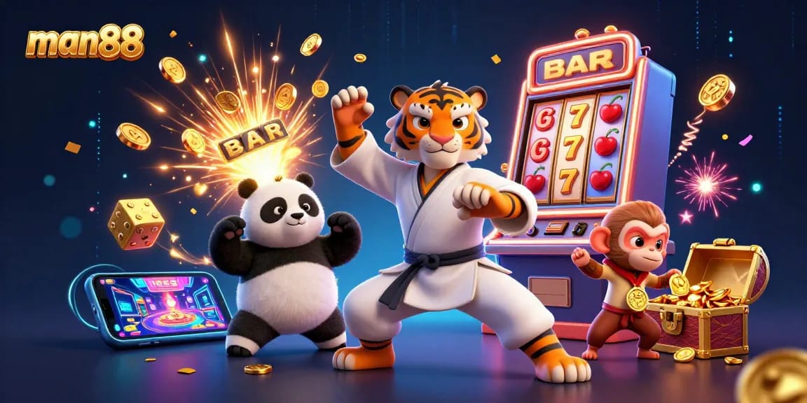 Engage in thrilling gameplay at man88 with exciting slots and cartoon characters in action.