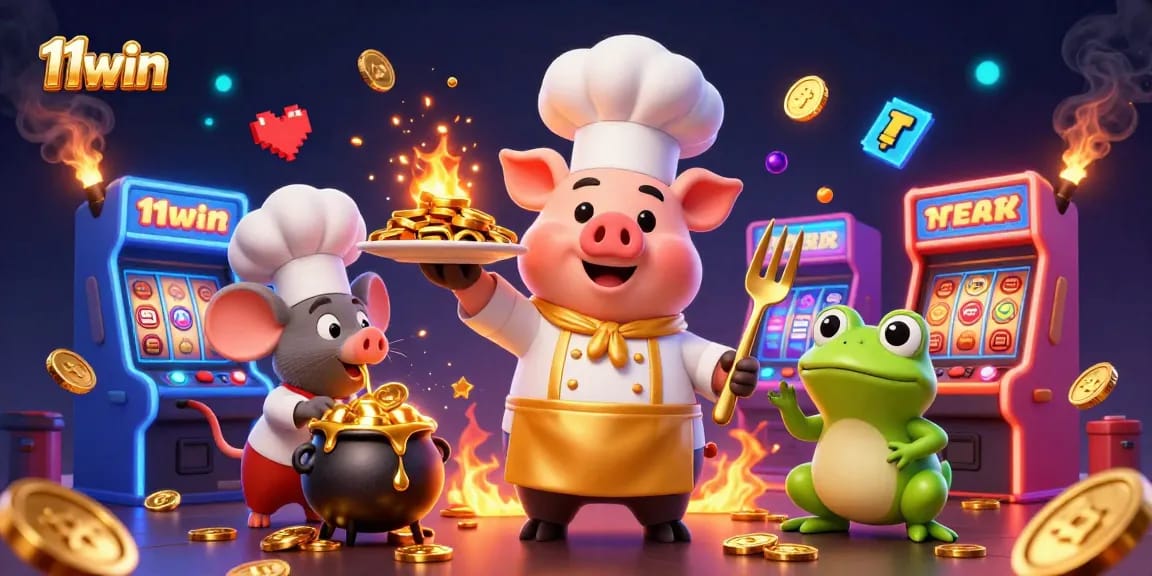 Play and win with 11win in this vibrant casino adventure illustration featuring a chef pig!