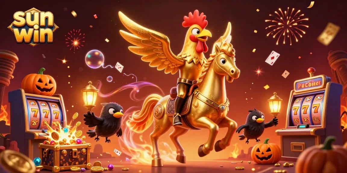 Sun win fortune awaits in a lively casino scene with a golden rooster and festive treasures!