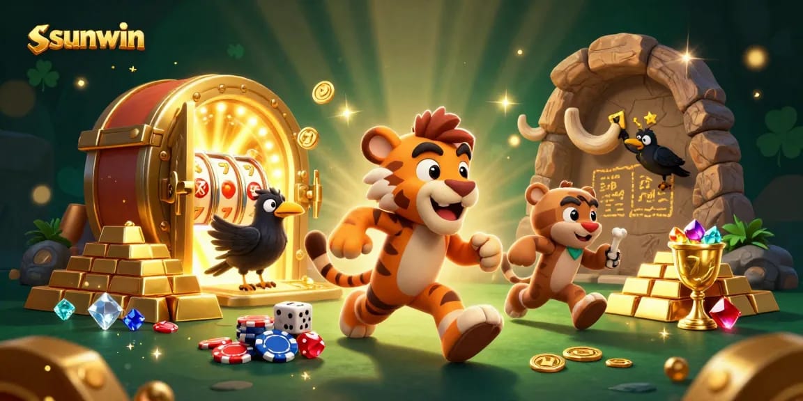 Join the thrilling fun at Sunwin's prehistoric casino with cavemen, treasure, and exciting slot action!