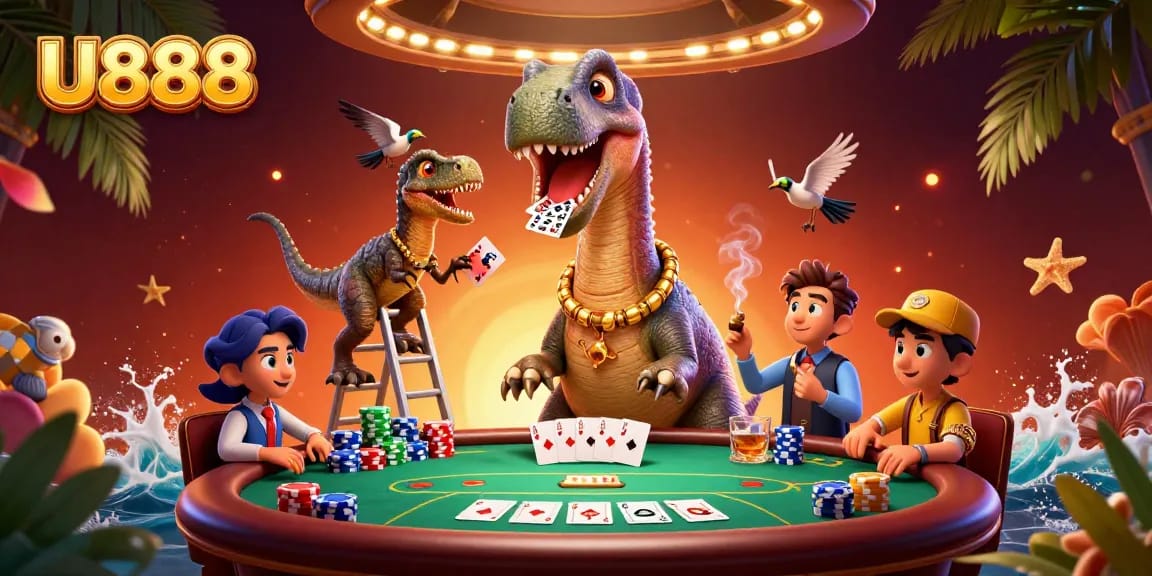 Experience U888's thrilling atmosphere with a towering brontosaurus overseeing action at a poker table.