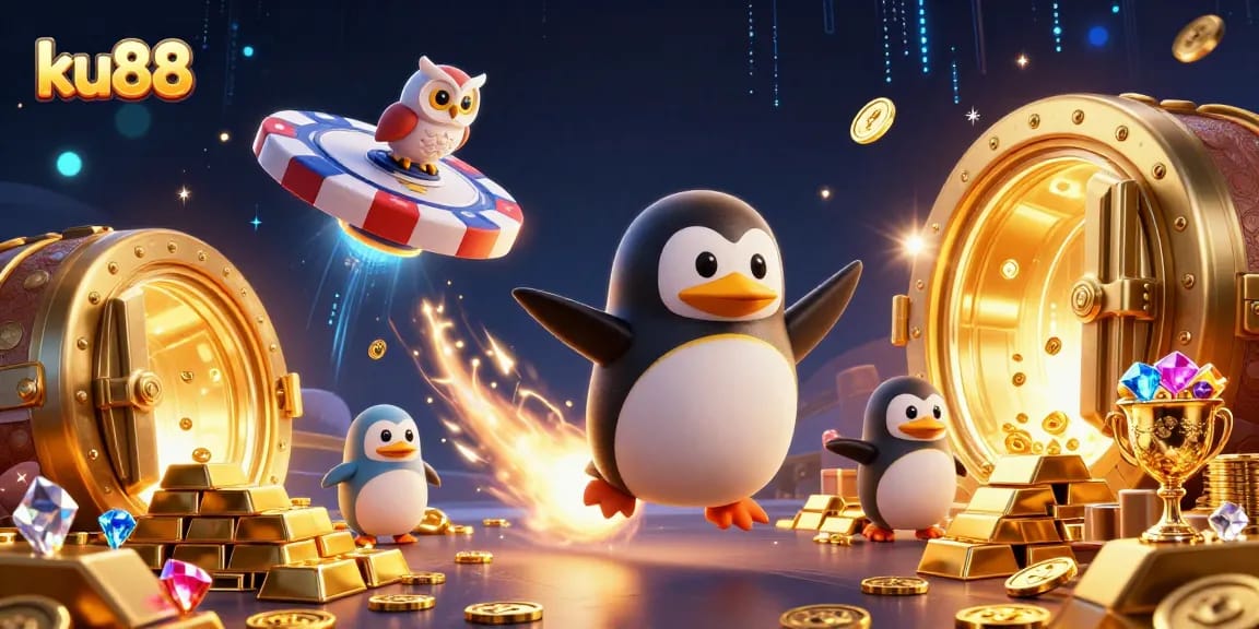 ku88 showcases a dazzling scene with a golden penguin and casino elements for thrilling gameplay.