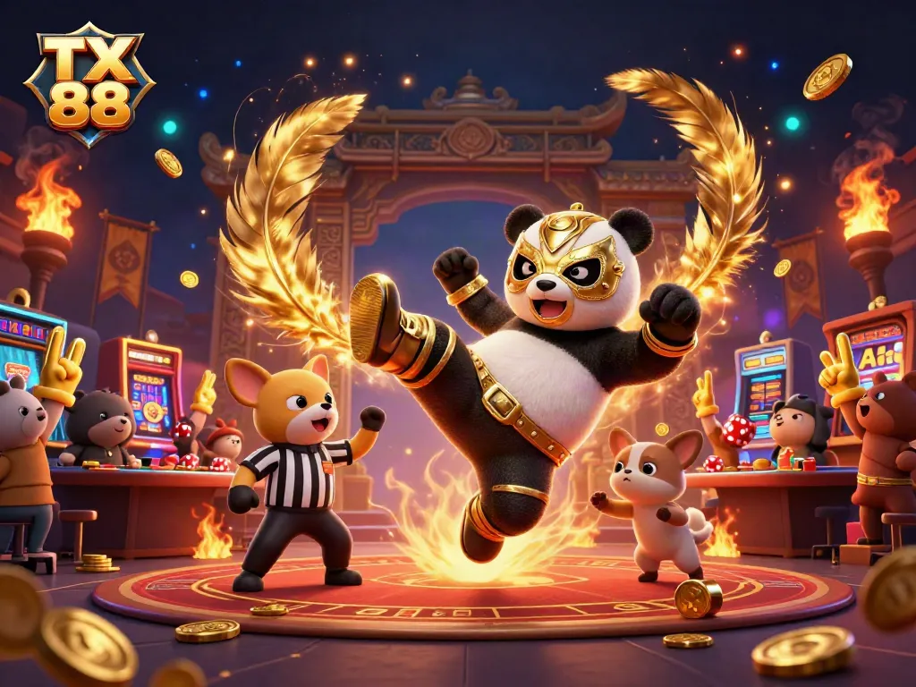 A 3D illustration showing TX 88 with a wrestling panda and chihuahua referee among casino games and crowd excitement.