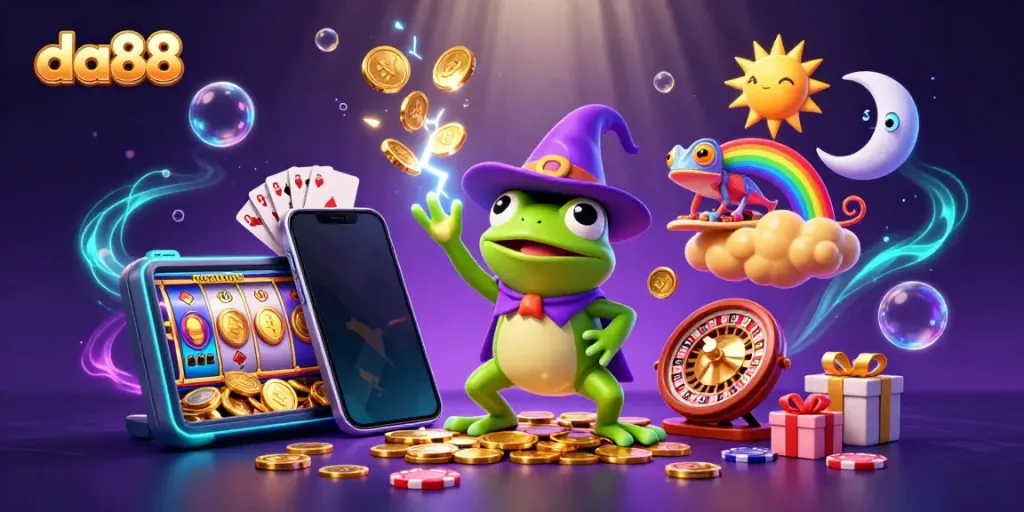 Experience the magic of da88 with a whimsical scene of a wizard frog and chameleon amidst a storm of golden coins