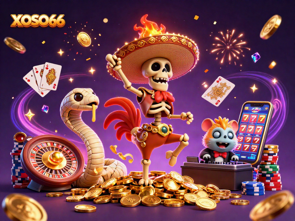 XOSO66 celebration scene with a mariachi rooster and treasures illustrating engaging gaming activities.