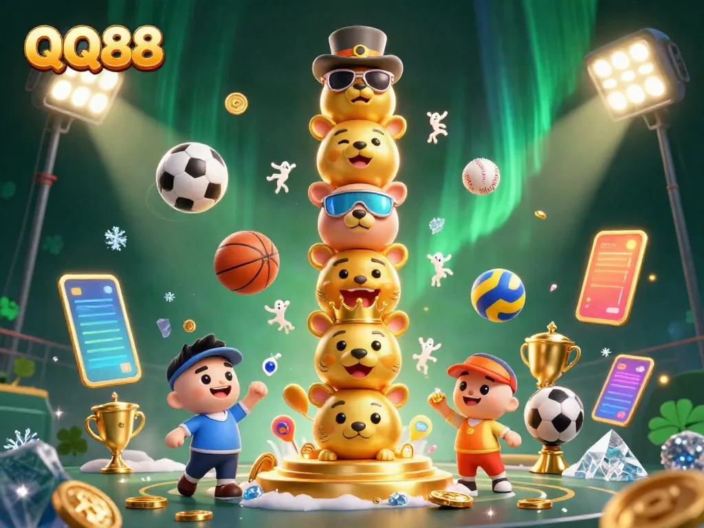 Experience the excitement of QQ88 with a vibrant 3D casino illustration showcasing dynamic sports and gaming elements.