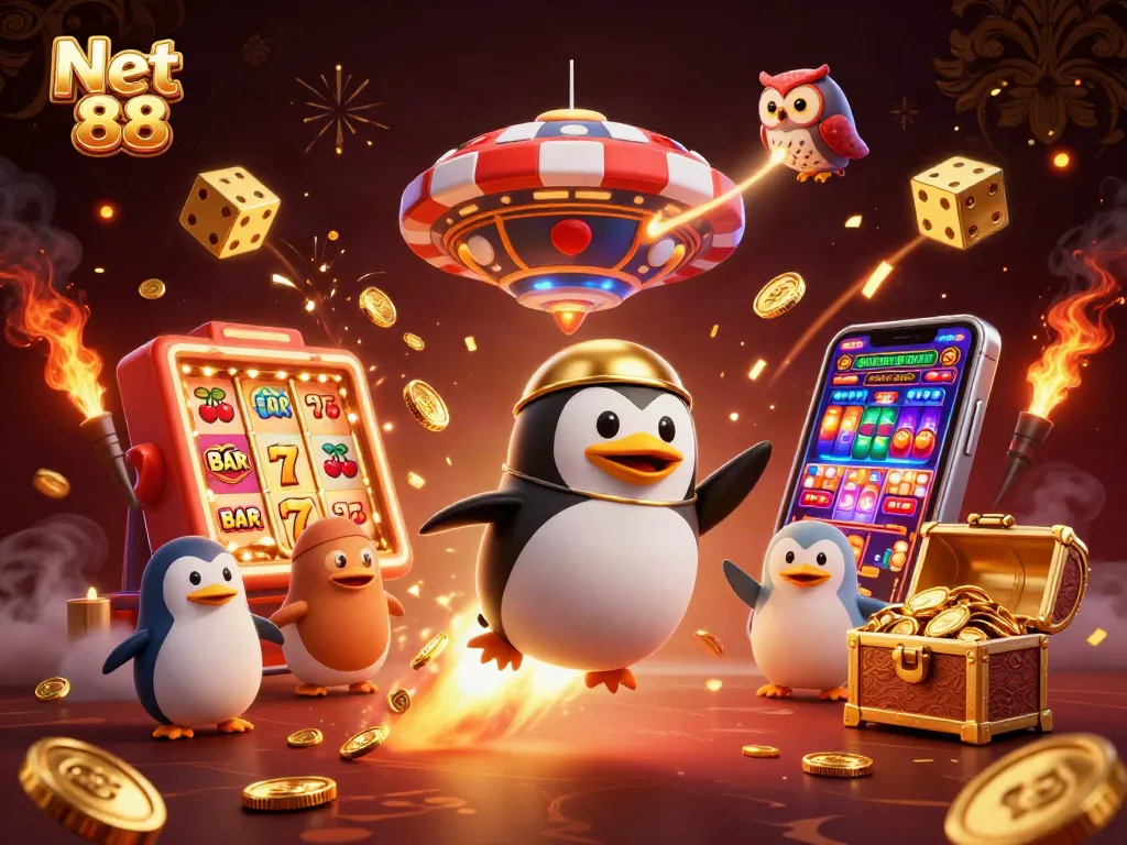 Join the thrilling adventure of Net 88 as the golden penguin soars through a vibrant casino universe.