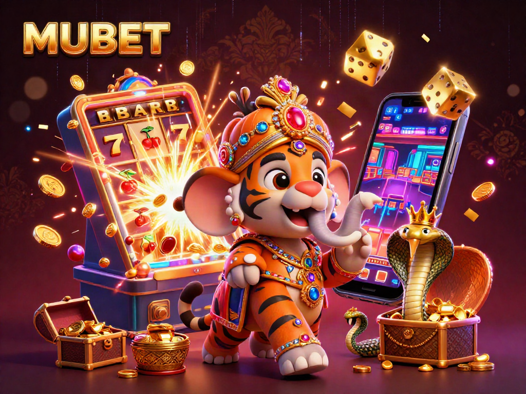 MUBET presents an exciting 3D cartoon casino scene with a majestic maharaja and elephant, showcasing vibrant jackpot elements.
