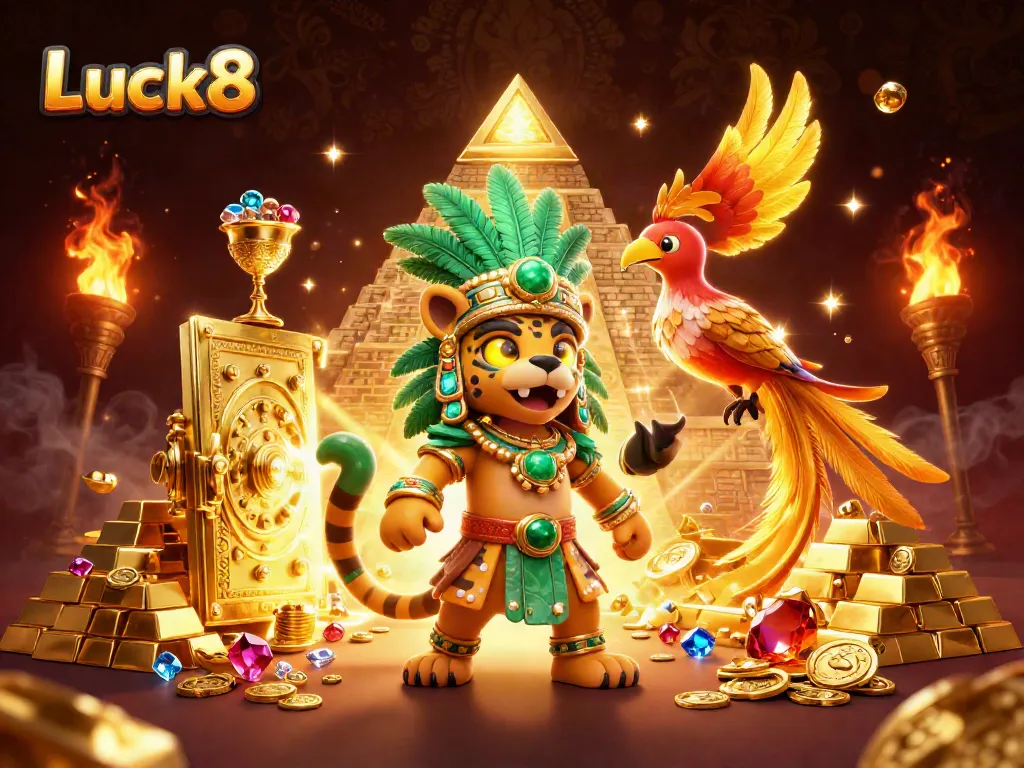 Experience the thrill of gaming at Luck8 with a vibrant illustration of a Mayan jaguar priest amid gold treasures and exciting casino elements.