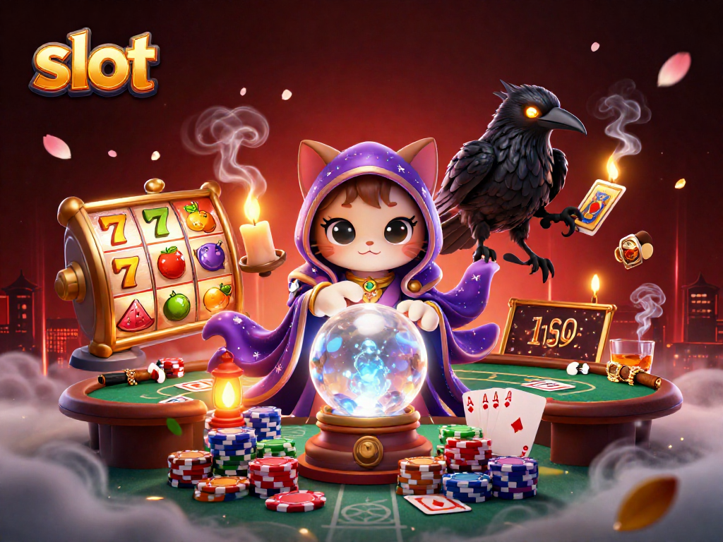 Spin the slot reels with vibrant colors and symbols while exploring the mystical casino scene.