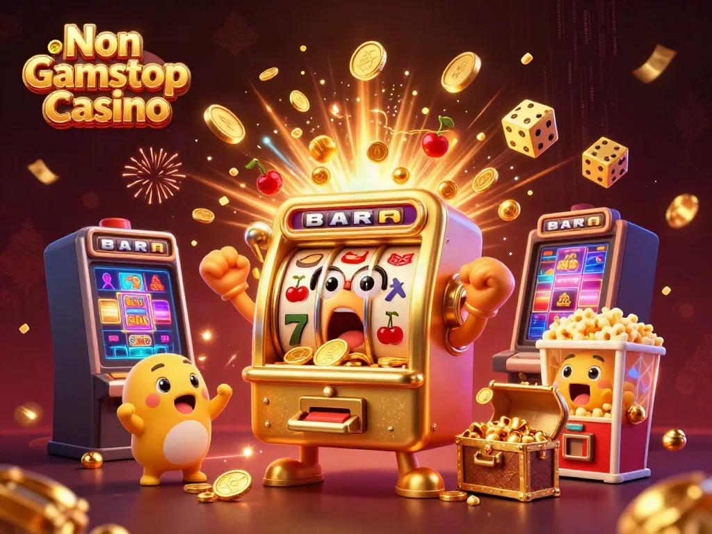 Engage with Non Gamstop Casino excitement as golden slot machines celebrate a jackpot amidst a flurry of coins.