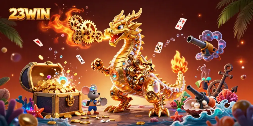Experience thrilling games at 23WIN with our vibrant dragon illustration showcasing gold coins and casino elements.