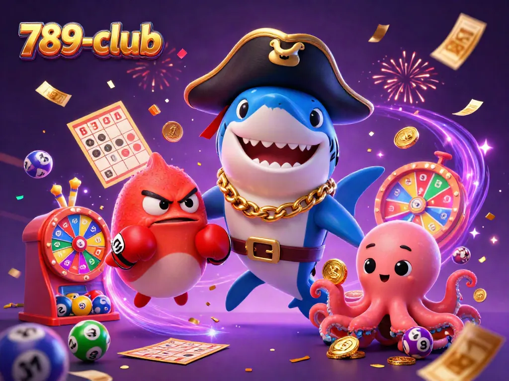 Experience thrilling gaming with 789-club as the pirate shark and friends celebrate wins amidst colorful lottery balls and vibrant effects.