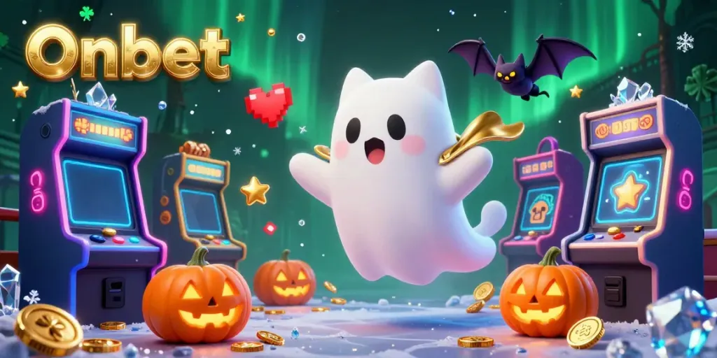 Engage with thrilling Onbet gaming in a haunted casino with vibrant characters and arcade excitement.