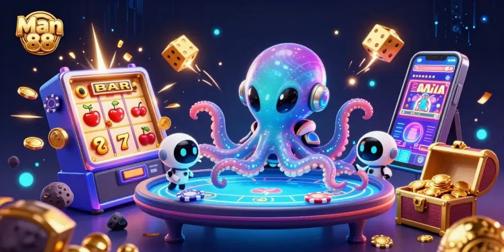 Man 88 showcases a lively 3D casino illustration with cartoon characters and vibrant elements.