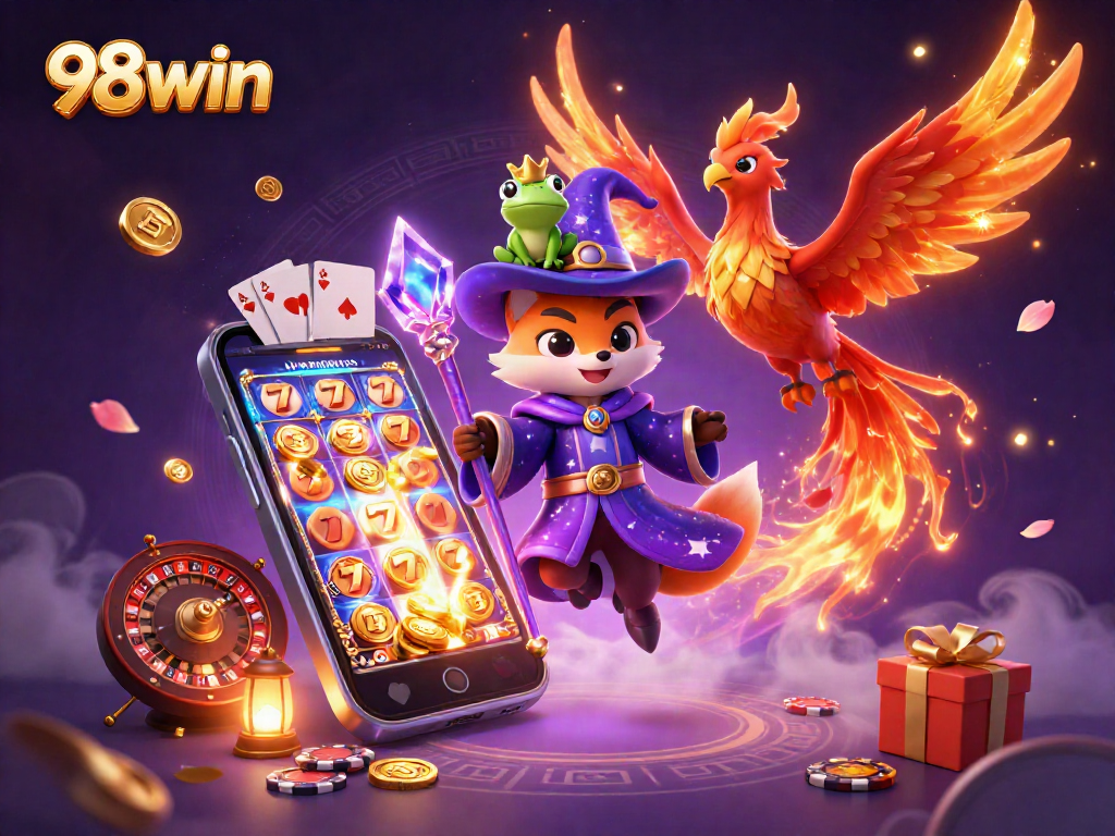 Engage with 98win's vibrant slot games featuring an enchanting wizard fox and phoenix surrounded by coins and cards.