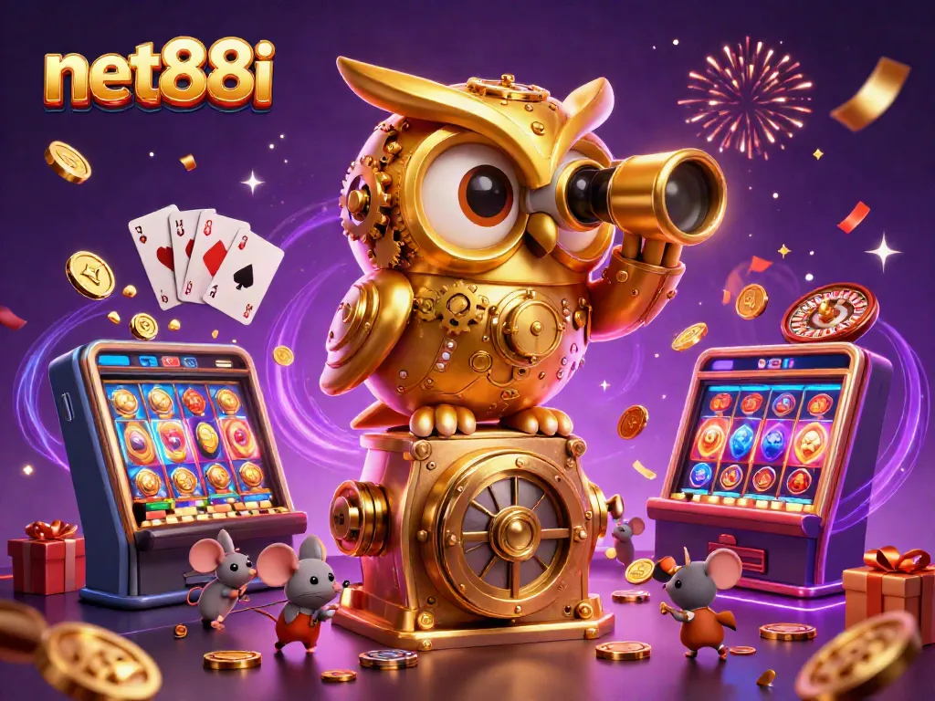 Experience the thrills of net88i as golden owls oversee a vibrant casino scene filled with games and excitement.
