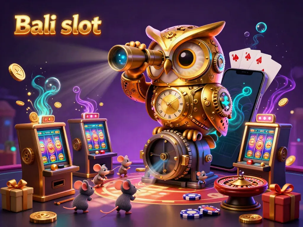 Engage with the Bali slot adventure through an enchanting 3D illustration featuring a clockwork owl amidst vibrant casino elements.
